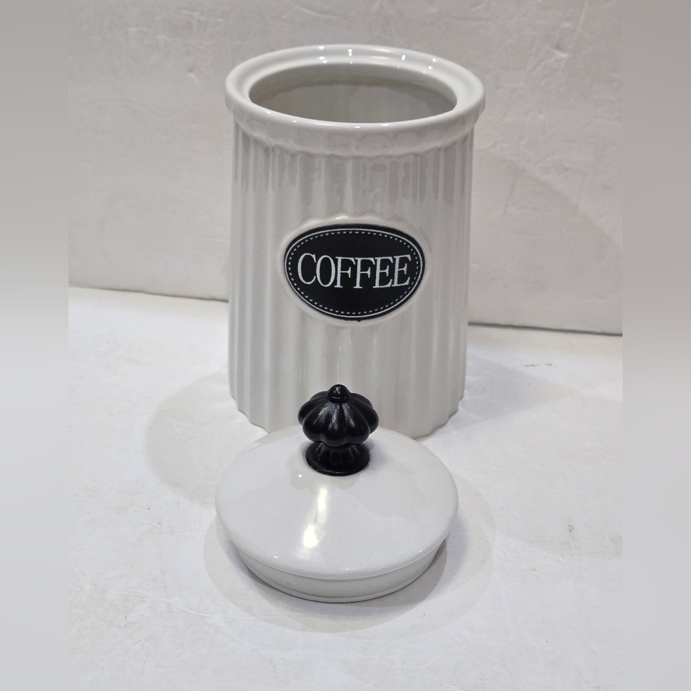 THL Ceramic Coffee Canister White with Black Label Black Knob Ribbed Texture - Picture 2 of 4